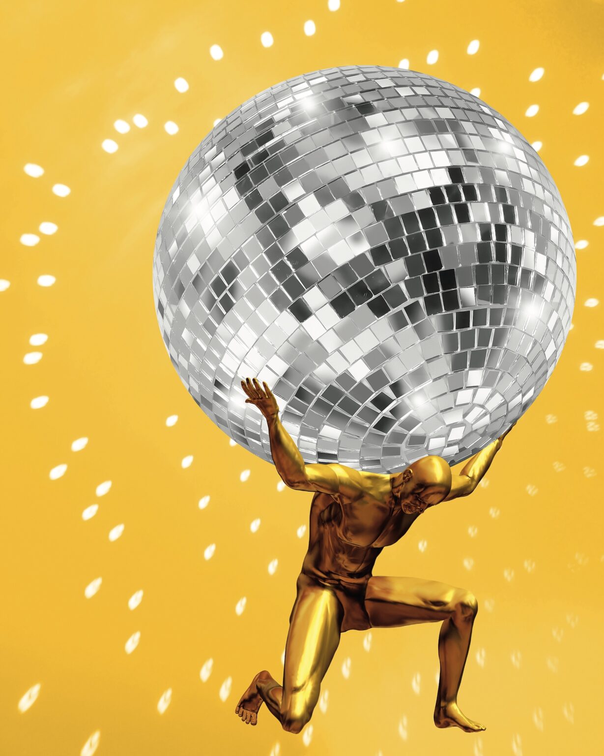 A gold statue of Atlas holding a disco ball on his shoulders