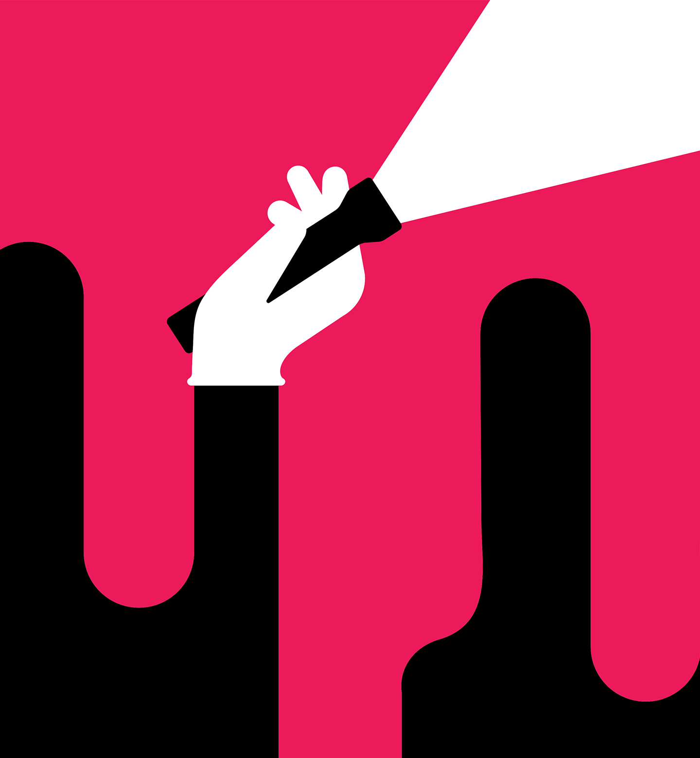 An illustration of a hand with a flashlight on a red and black background