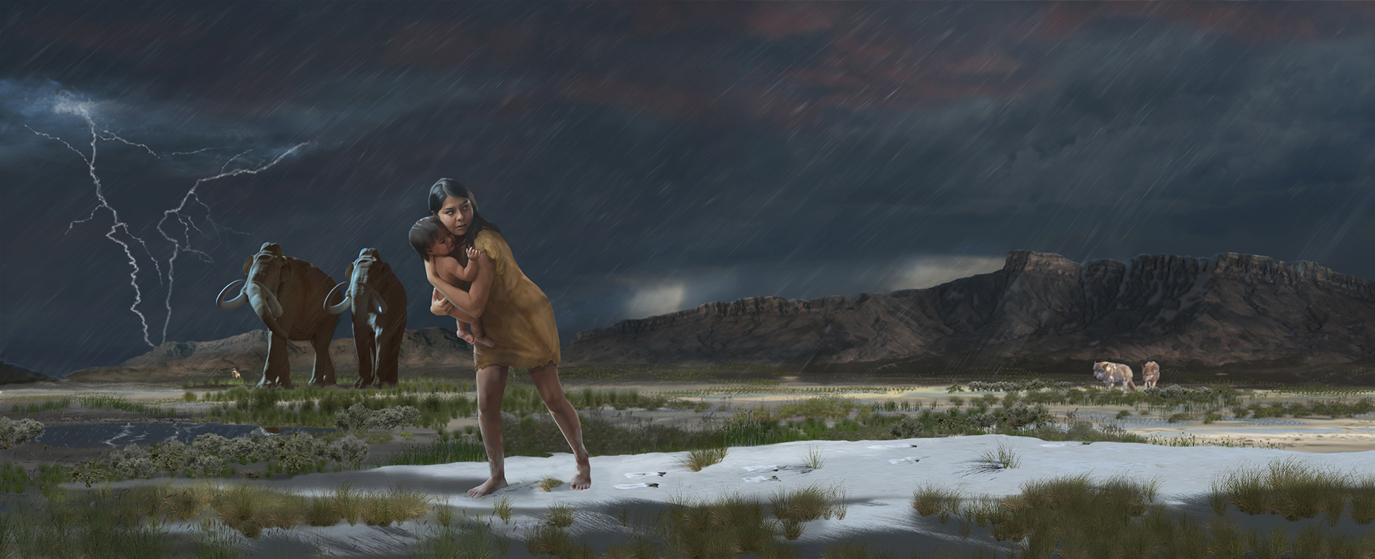 An artist's concept of one scenario reconstructed from White Sands footprints: a woman wearing a brown smock carrying a child across a marshy landscape in a thunderstorm. Two woolly mammoths and a large cat are in the background.