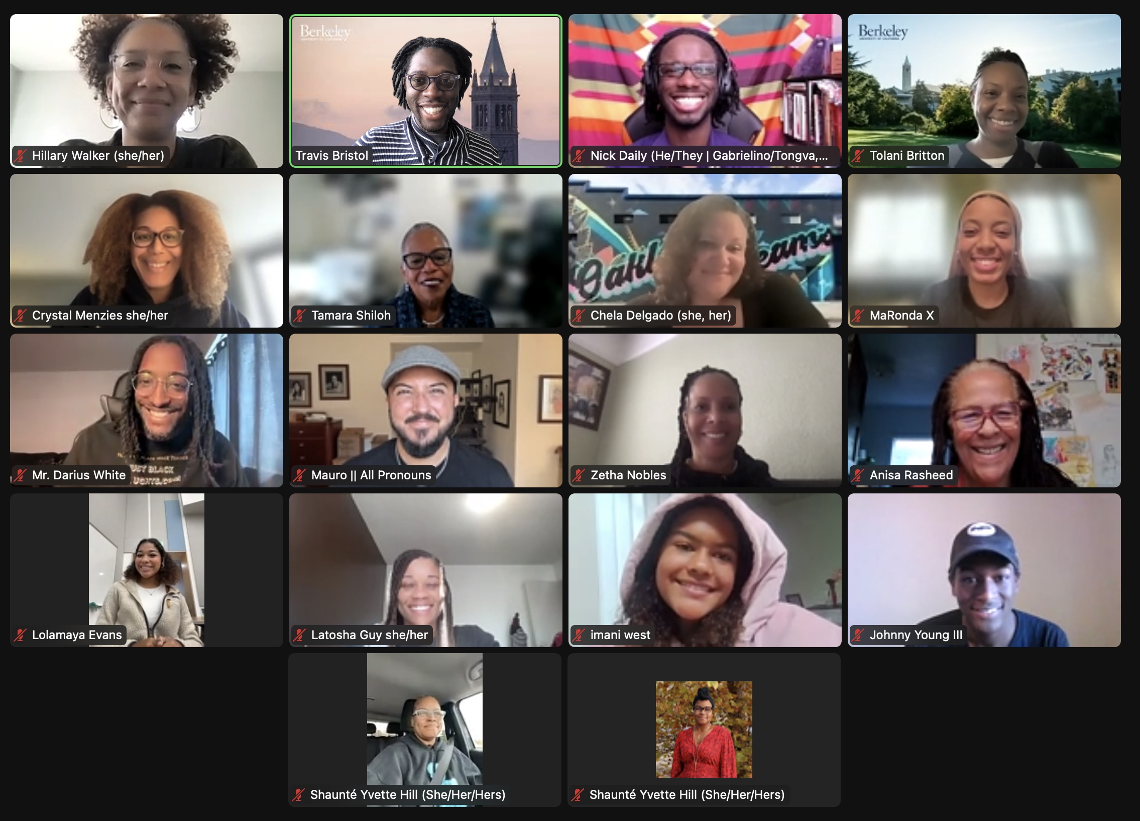 A busy Zoom call of educators of color, participants smiling