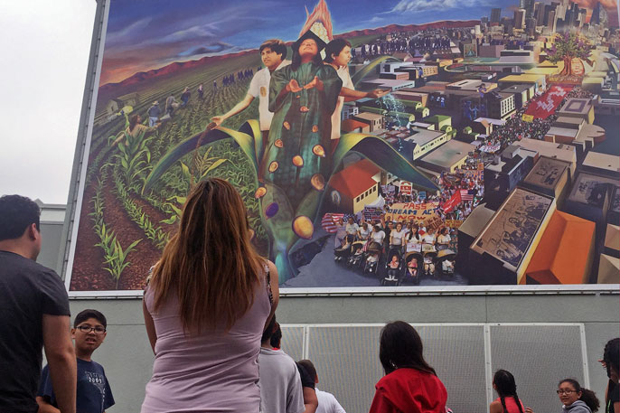 The mural “Gente del Maize” features a student Baca taught at UCLA and serves as an inspiration to the kids at the Judith F. Baca Arts Academy.