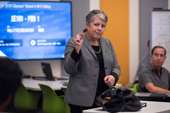 Janet Napolitano speaks to a political science class