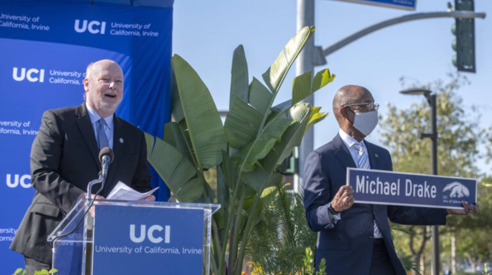 UCI Chancellor Howard Gillman and UC President Michael V. Drake at the June 4 ceremony christening Michael Drake Drive