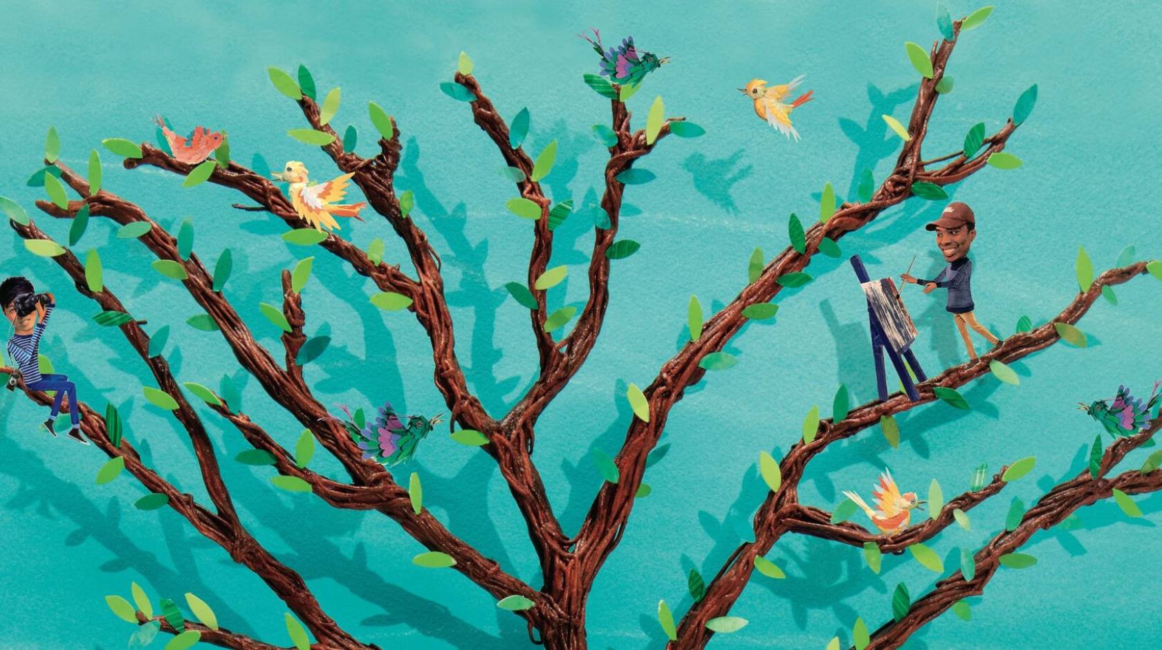 Illustration of a brown tree against a turquoise background, with tiny people and birds on its branches