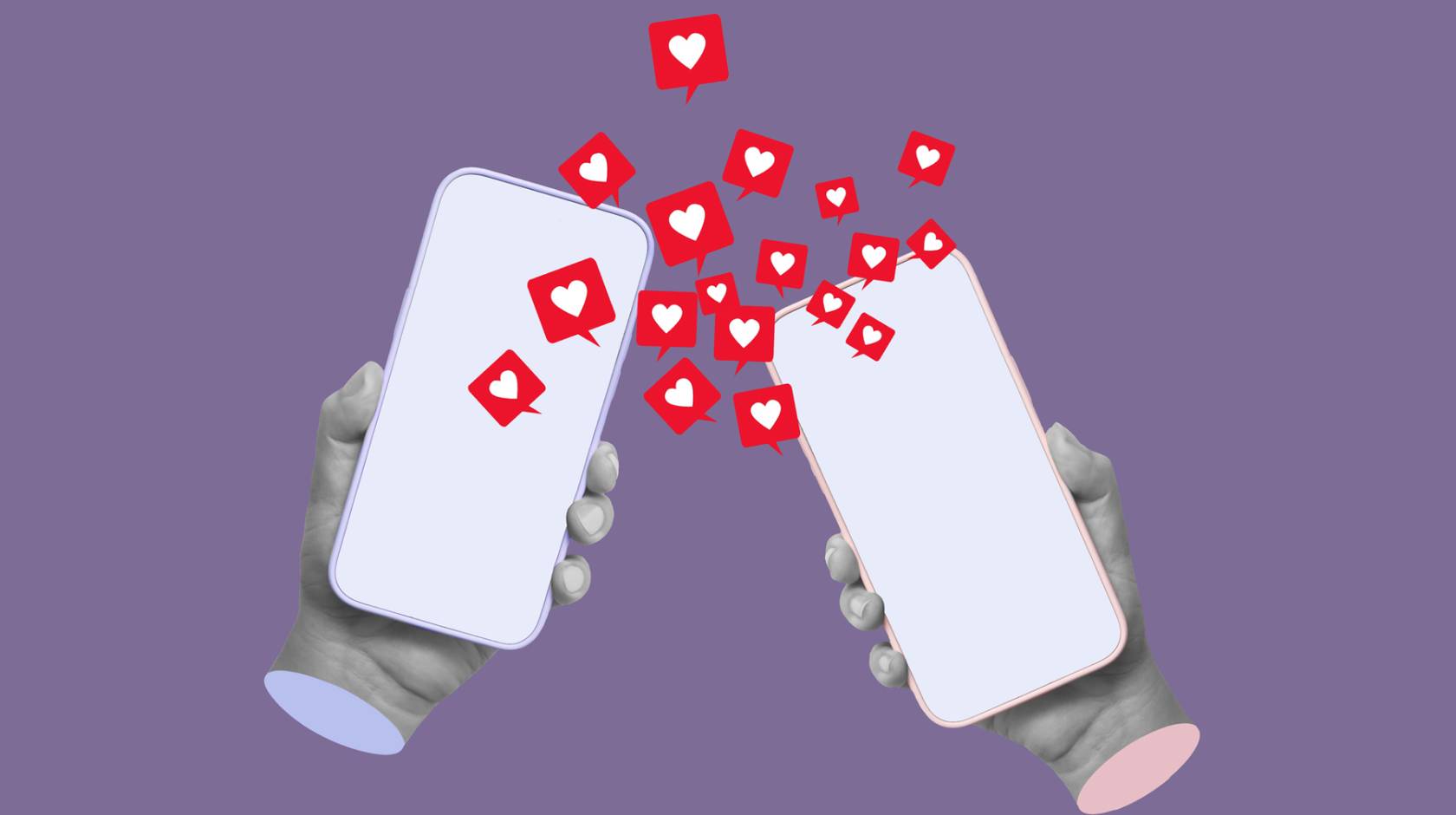 Two cell phones held by statues of hands have hearts coming from them