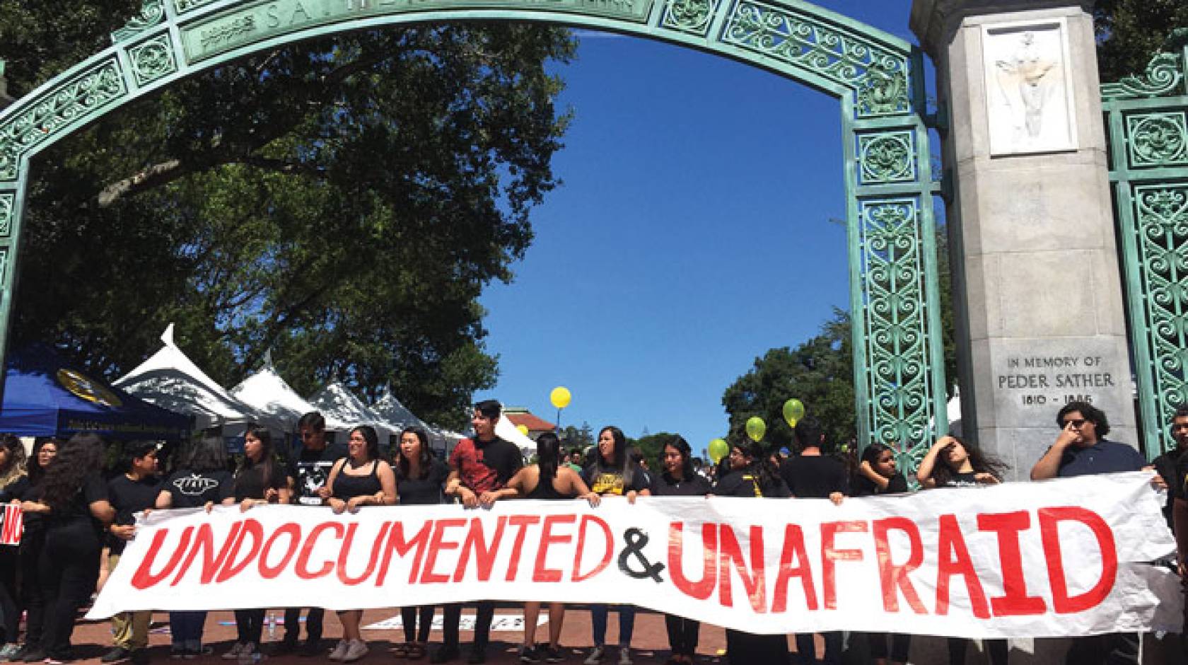 UC Berkeley undocumented students and supporters demonstrate outside of Sather Gate.