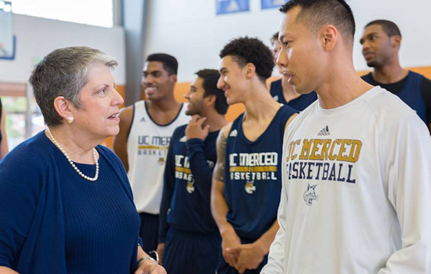UC President Napolitano and UC Merced basketball players