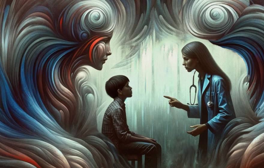 An illustration of a woman doctor speaking to a child, who has a mythical, looming head overlooking him