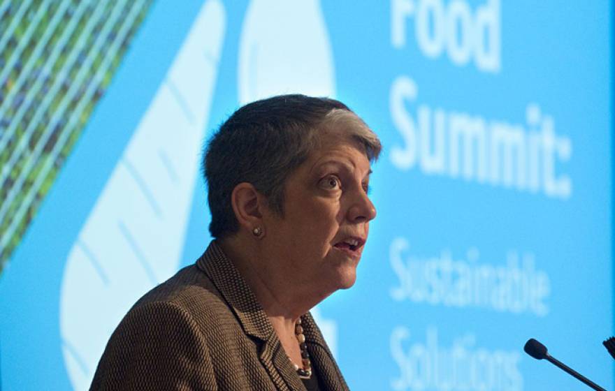 UC President Janet Napolitano delivers the Global Food Summit's keynote address at the UC Irvine Beckman Center.