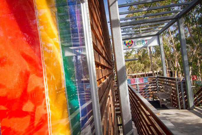 UC San Diego LGBT Resource Center entrance and flag