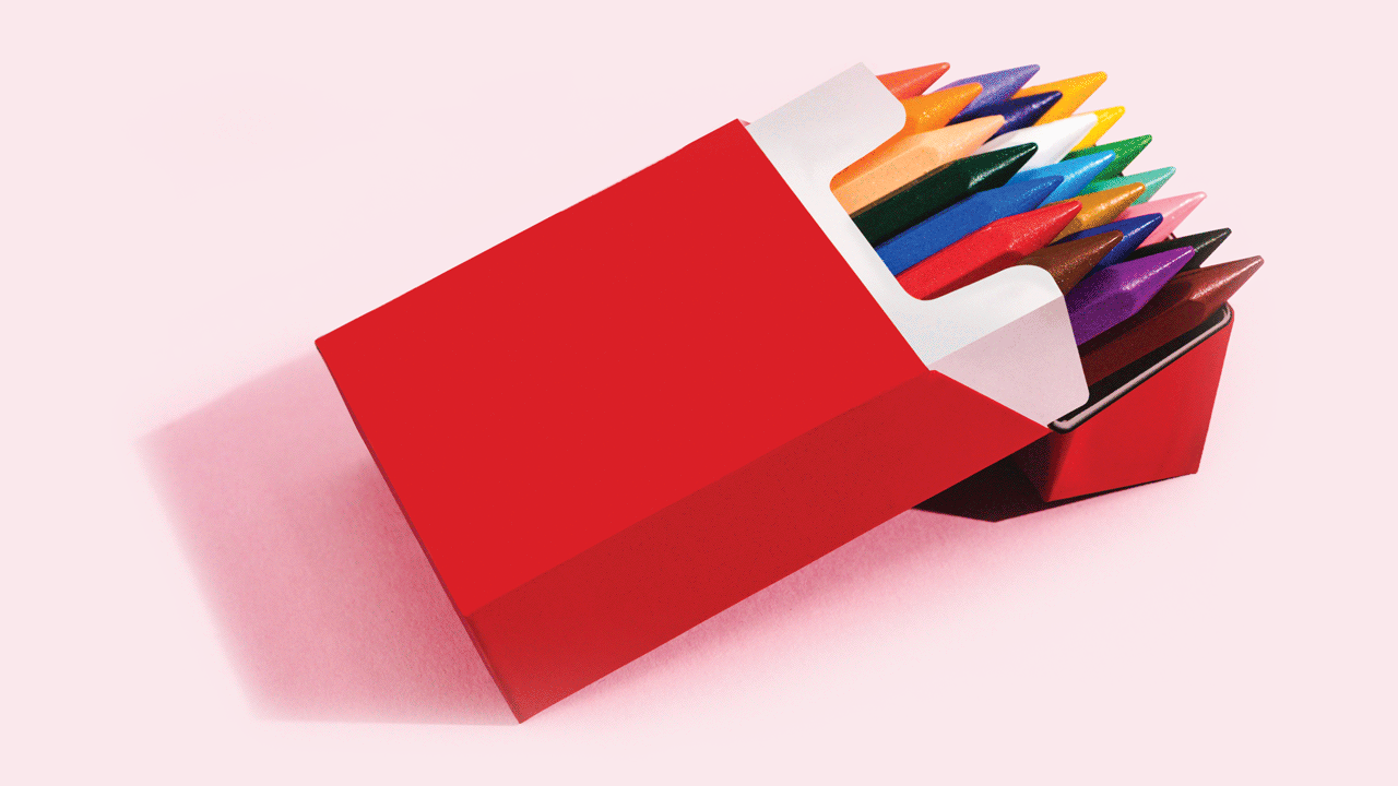 Crayons moving in a red box of crayons