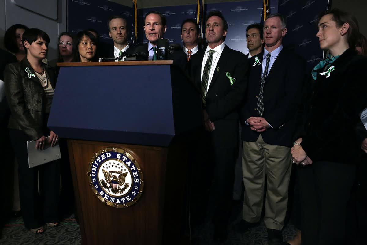 A Democratic senator and Sandy Hook parents and teachers at a press conference in the US Capitol in 2013