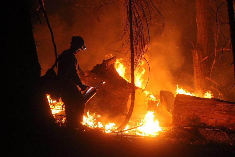 A firefighter in front of a fire