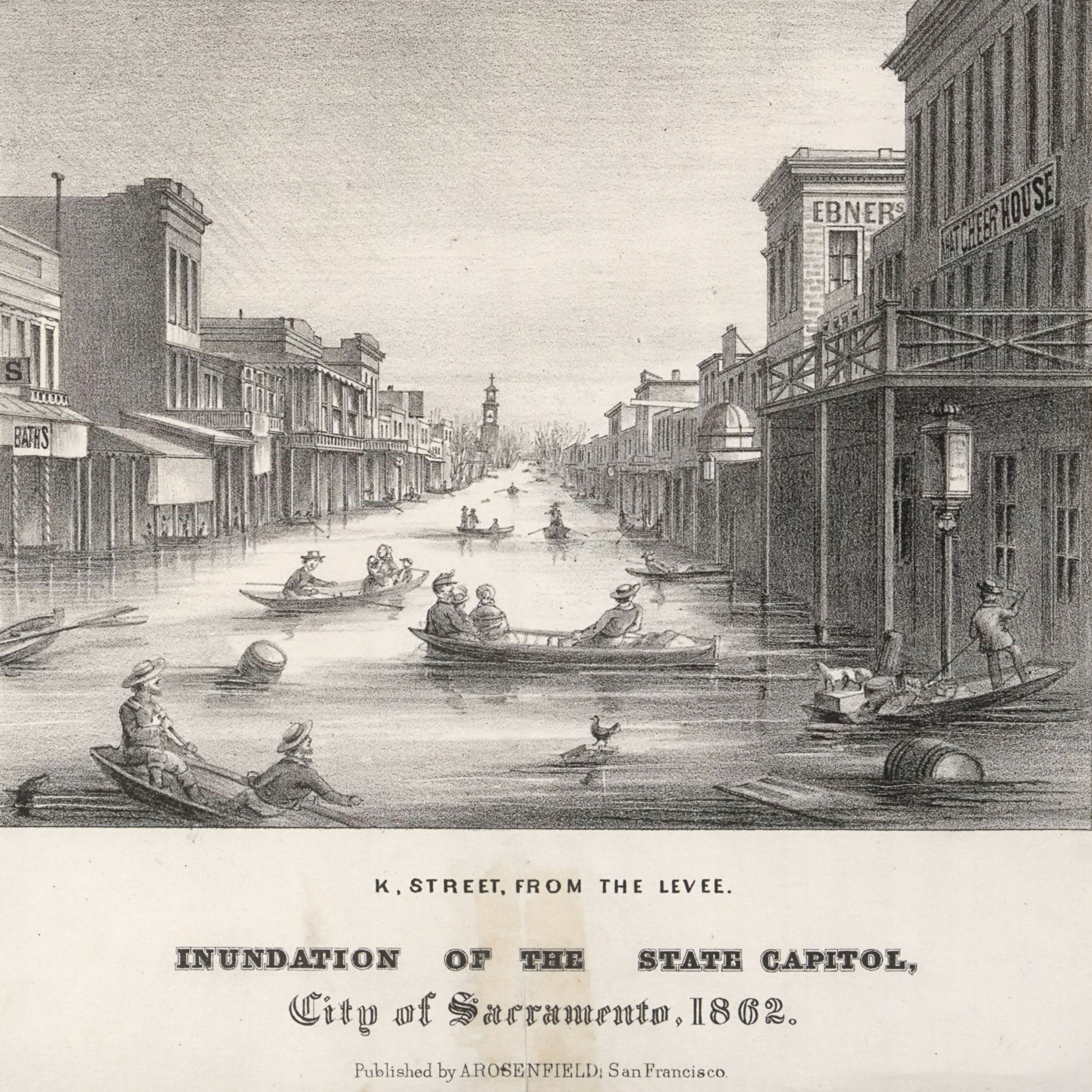 Grayscale lithograph of K Street flooding in Sacramento 1862