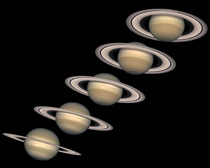 Saturn's seasons, the rings from different perspectives: At lower left, the northern hemisphere is experiencing autumn. At upper right, the northern hemisphere is in winter.