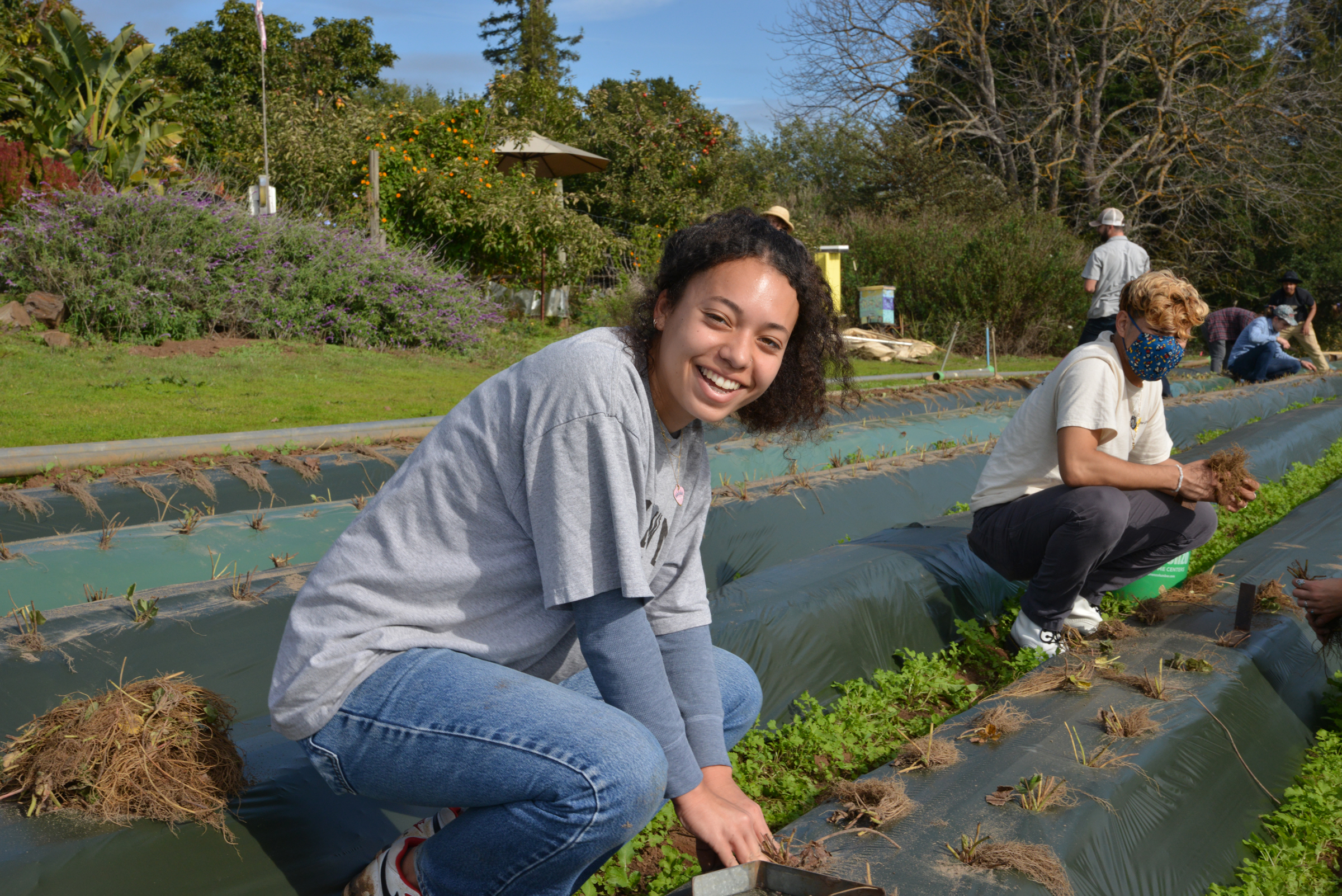 Young smiling female student of color planting strawberries