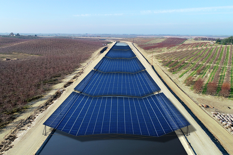 Visualization of solar panels over California canal