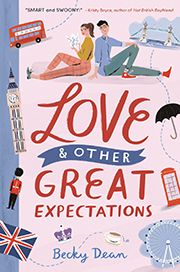 Illustration of a white man and woman sitting back to back with various UK symbols on the cover -- Love & Other Great Expectations book cover