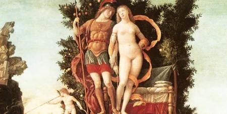 A crop of the Parnassus, a painting by the Italian Renaissance painter Andrea Mantegna. It features Isabella d'Este as Venus and Francesco II Gonzaga as Mars on top of the mountain.
