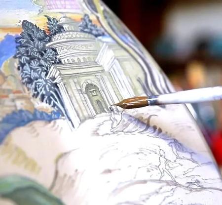 A paintbrush painting in Renaissance style a Renaissance-era building on a vase-like surface
