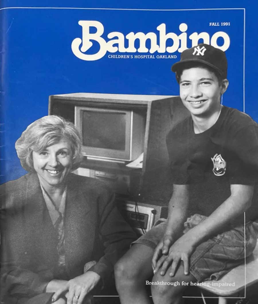 Cover of Bambino Magazine from 1970s showing first recipient of cochlear implant and the device's creator