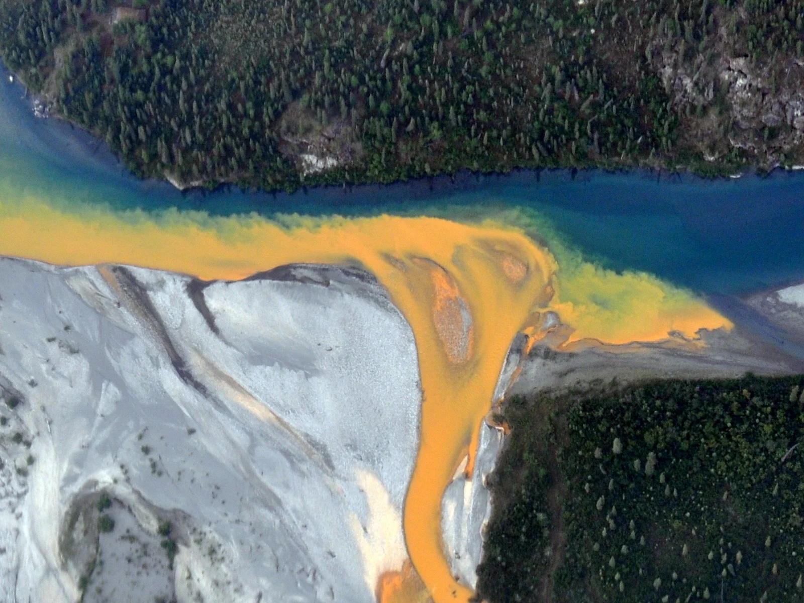 Rust colored river flows through forest in aerial view