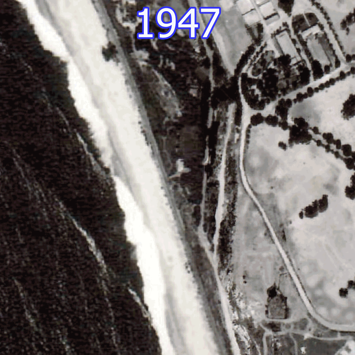 GIF of shoreline changes at San Clemente State Beach since 1947, showing the beach shrinking