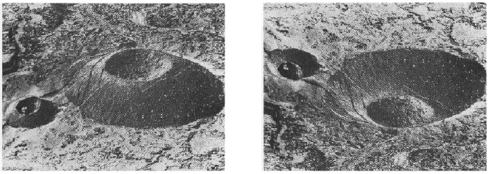 Two black and white images of a crater on the moon; the one on the left upside down