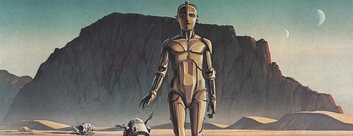 An illustration, as if from a graphic novel, of a humanoid robot leading two other robots through a desert with large rocky ridge in the background