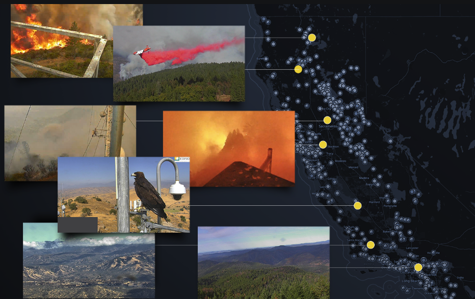Photo illustration showing photographs of wildfires and monitoring equipment and their locations on a map of California