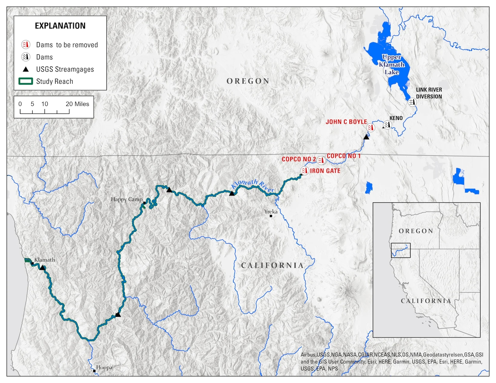 map showing dams on the Klamath River
