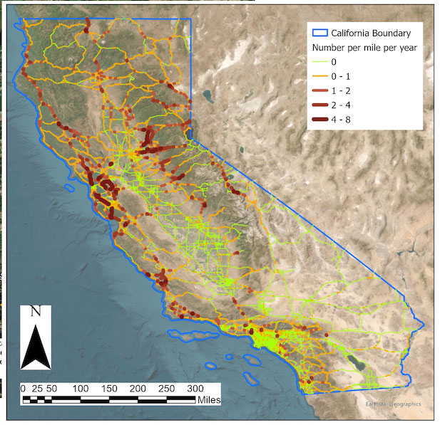 Map showing roadkill hotspots in California