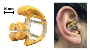 A schematic of the Ear EEG on the left and the Ear EEG being worn by a user, on the right.