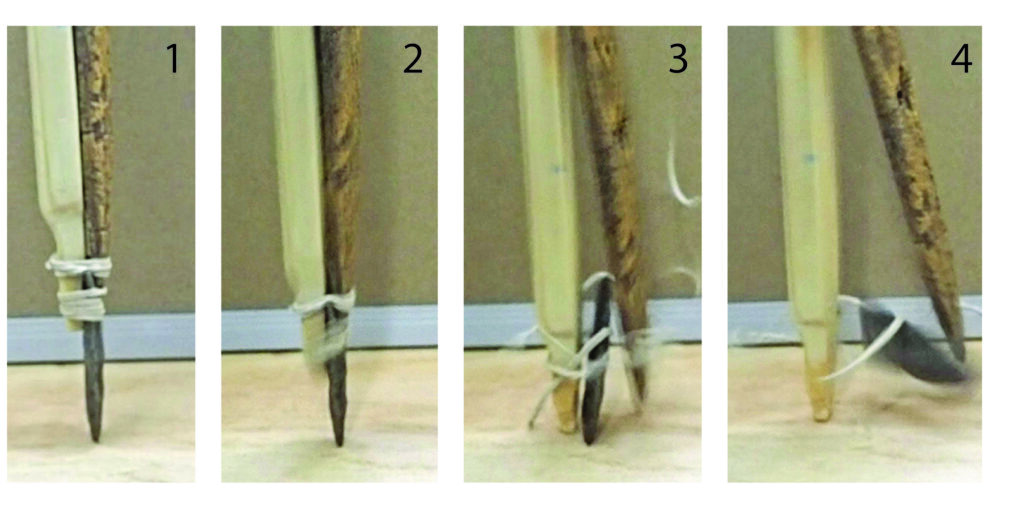 A high-speed photo sequence during a test after an 11.34 kg weight was dropped from 35 cm shows various moments as the stone point recedes into and splinters the pike shaft. 