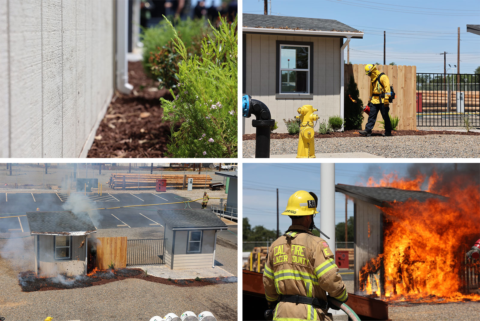 Four frames from a demonstration showing that buildings with mulch to the foundation are likelier to burn