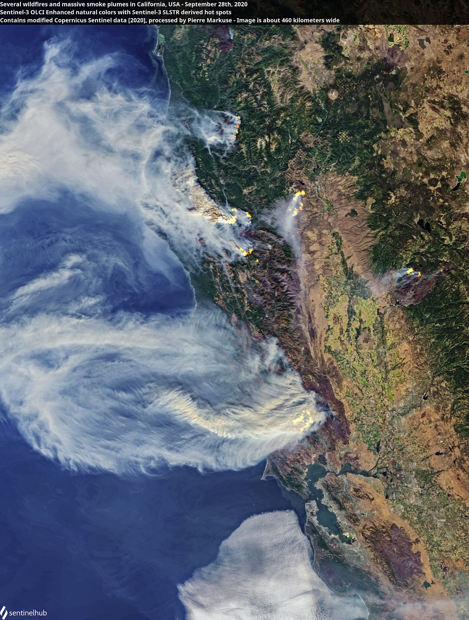 Satellite image of smoke from fires in the California Coastal Mountains drifting over the coast and out to sea