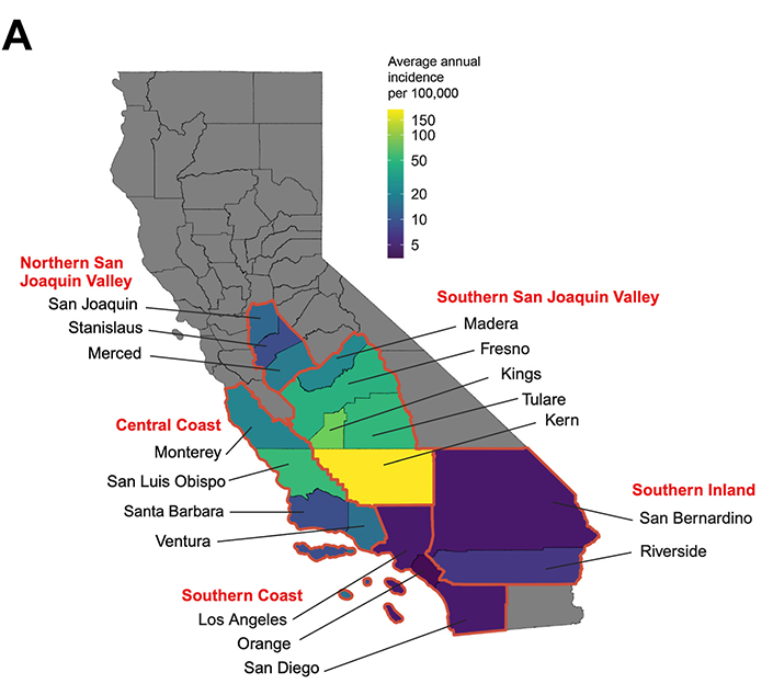 A map of California with counties where Valley Fever is most heavy highlighted