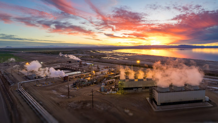 Aerial image of geothermal plants at evening near the Salton Sea