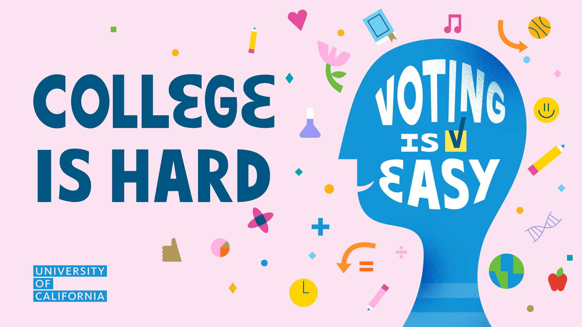 Illustration of a cartoon head in profile, with lots of energetic icons representing aspects of college life floating in a cloud around the head. Text to the left reads "College is hard" and white text inside the outline of the head reads "Voting is easy"