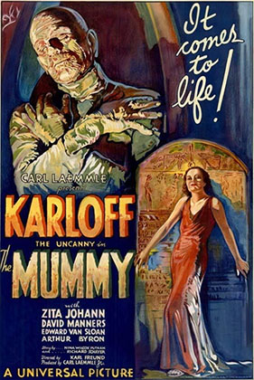 Poster with a color illustration of a mummy and a woman in a red dress that says KARLOFF MUMMY with the tagline "It comes to life!" in the top right corner