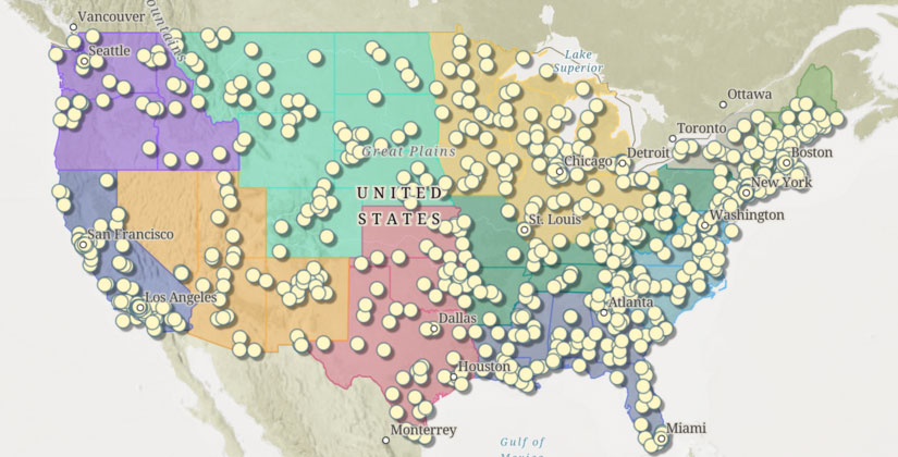 Map of contiguous US, shaded by region, covered with a bunch of pale yellow dots