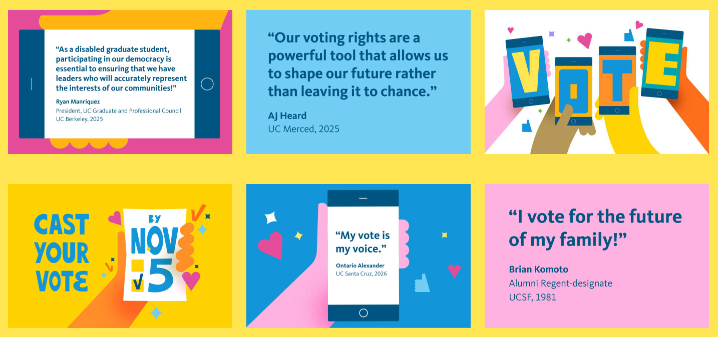 6 brightly colored tiles with students' responses to the question "Why I Vote"