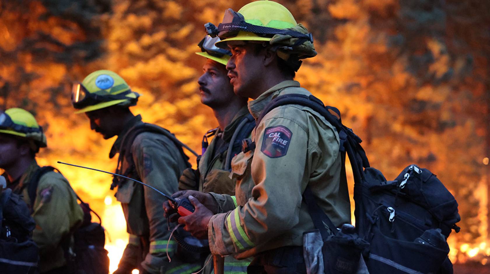 Four wildland firefighters photographed in profile, looking ahead, in front of a wall of flames