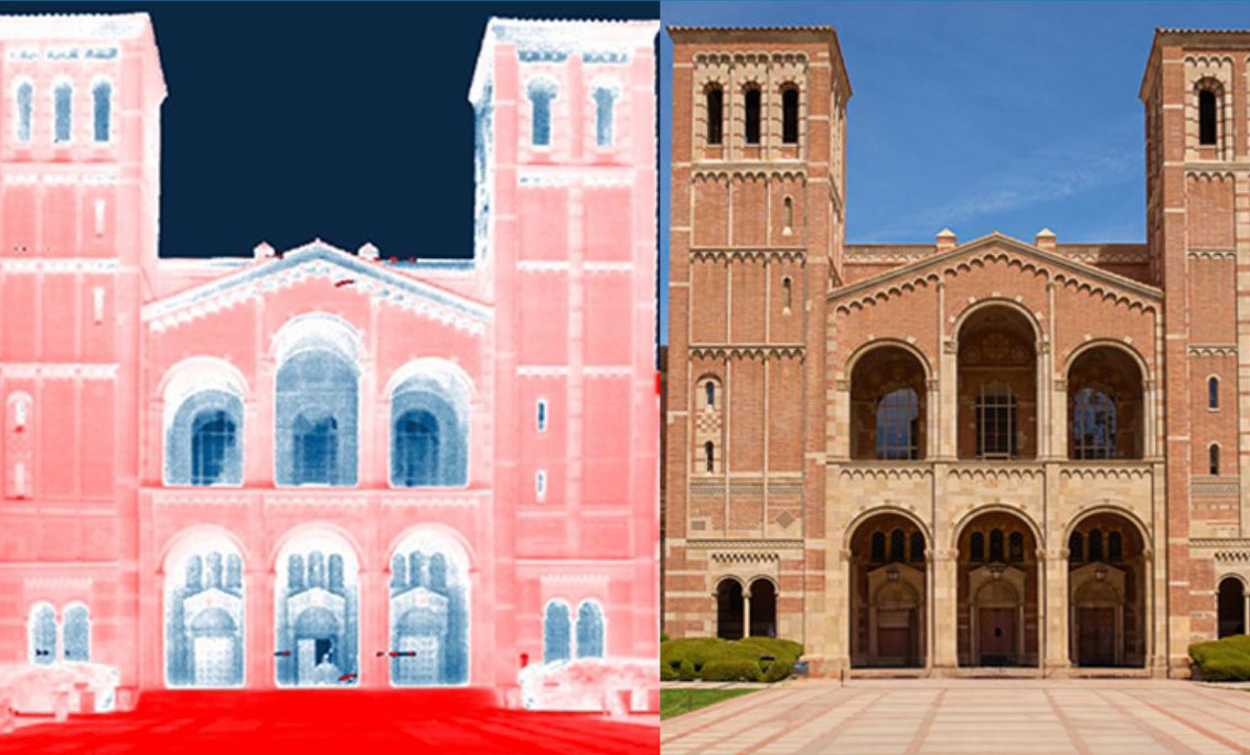 Side by side images of Royce Hall, one normal and one in infrared