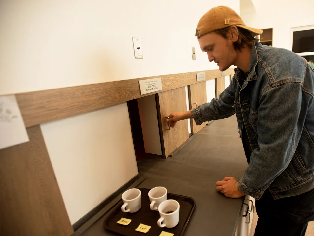 A young man with a hat on backwards and a jean jacket opens a service window and a tray of three coffee cups