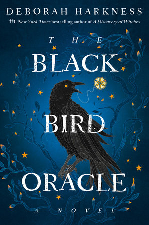 Bookcover featuring a dark blue background with small stars and a black bird with its mouth open and the title The Black Bird Oracle over it