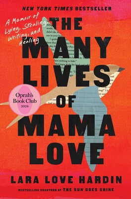 The Many Lives of Mama Love book cover, red/orange background with a paper bird behind the words made of different types of paper, most with words on them