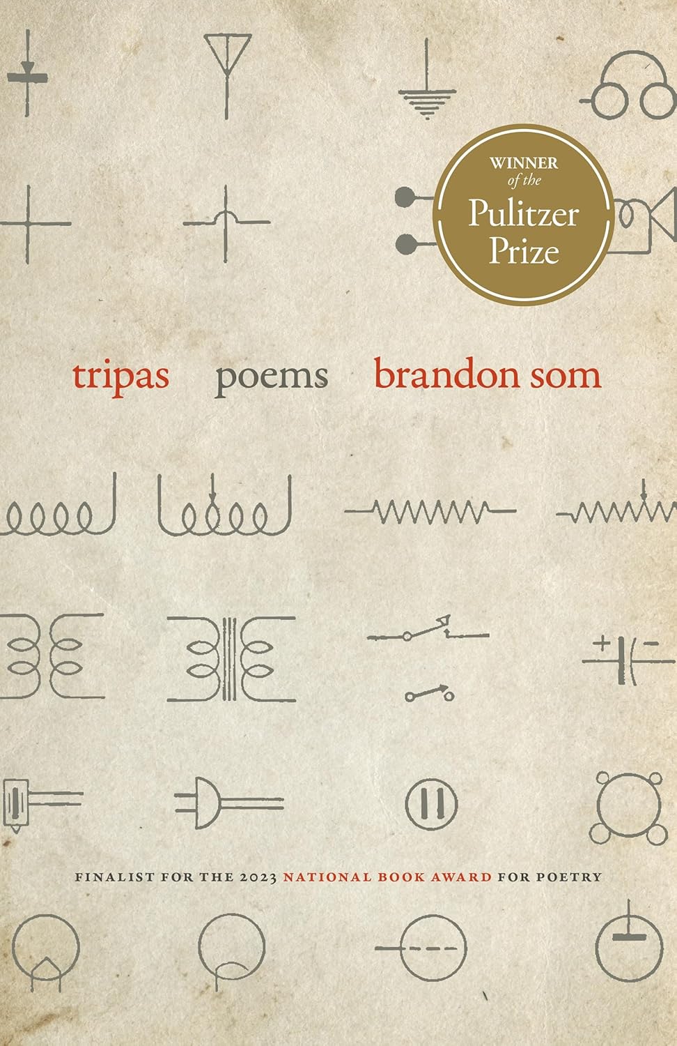 Bookcover: On a beige background, several sets of minimal patterns, with the words Tripas Poems and Brandon Som in lowercase