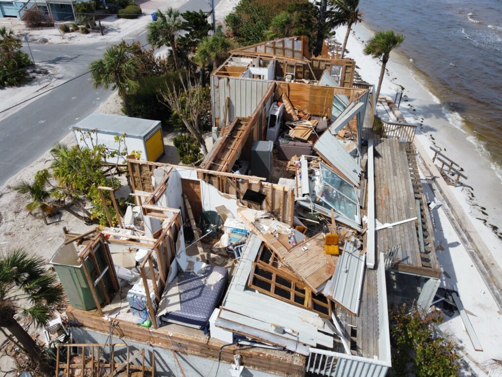 Aerial image of beachfront homes destroyed by a hurricane