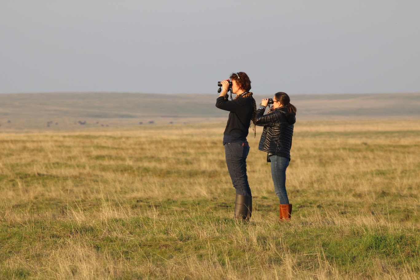 Two women stand in a grassy field looking through binoculars